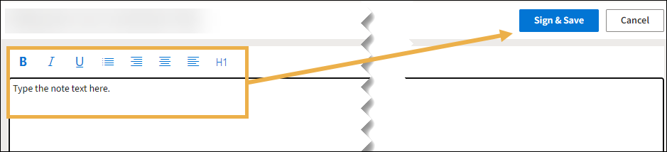 Note Browser free text editor with yellow box around the note field and a yellow arrow pointing towards the Sign and Save button.